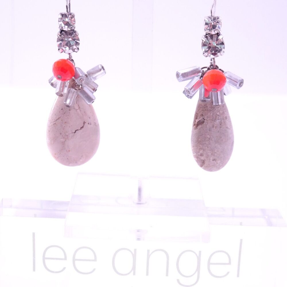 Lee Angel Women's Rock Teardrop Lucite Bugle Red Bead Crystal Earrings NWT 110